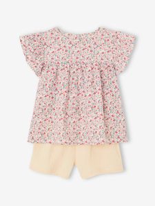 Set blouse met bloemen en short van katoengaas voor meisjes vanille