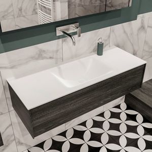 Mondiaz Lush Cloud badmeubel eiken donker bruin 120 cm 1 lade solid surface enkele spoelbak midden zonder kraangat