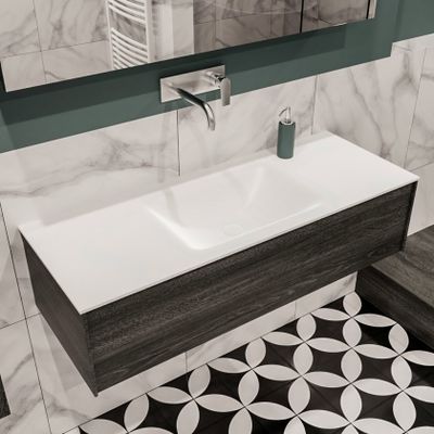 Mondiaz Lush Cloud badmeubel eiken Dark brown 120 cm 1 lade solid surface enkele spoelbak midden zonder kraangat