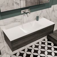 Mondiaz Lush Cloud badmeubel eiken donker bruin 120 cm 1 lade solid surface enkele spoelbak midden zonder kraangat