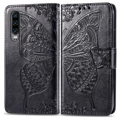 Butterfly Love bloemen reliëf horizontale Flip lederen case voor Huawei P30 met houder & kaartsleuven & portemonnee & Lanyard (zwart)