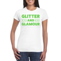 Bellatio Decorations Verkleed T-shirt dames - glitter and glamour - wit - groen glitter - carnaval 2XL  -