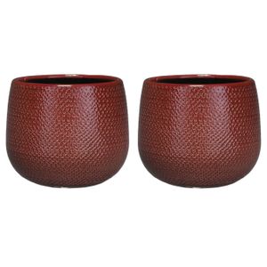Set van 2x stuks bloempotten bordeaux rood ribbels keramiek voor kamerplant H16 x D18 cm
