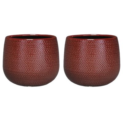 Set van 2x stuks bloempotten bordeaux rood ribbels keramiek voor kamerplant H16 x D18 cm