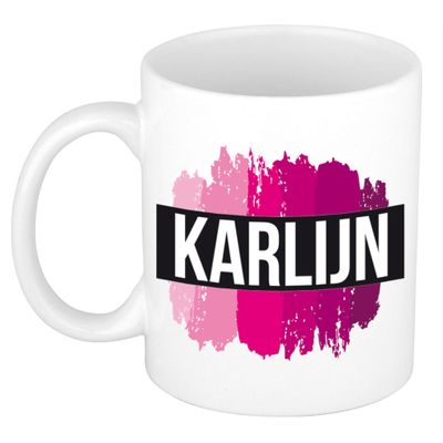 Naam cadeau mok / beker Karlijn met roze verfstrepen 300 ml