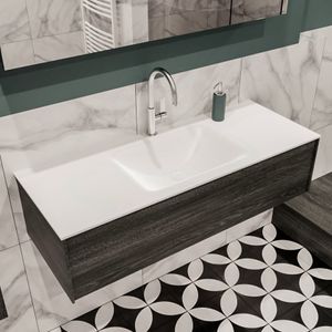 Mondiaz Lush Cloud badmeubel eiken donker bruin 120 cm 1 lade solid surface enkele spoelbak midden 1 kraangat