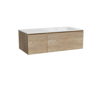Storke Edge zwevend badmeubel 110 x 52 cm ruw eiken met Mata asymmetrisch rechtse wastafel in solid surface mat wit
