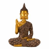Boeddha beeldje zittend - binnen/buiten - kunststeen - zwart/goud - 20 x 28 cm   - - thumbnail