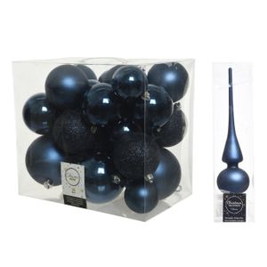 Kerstversiering kunststof kerstballen met piek donkerblauw 6-8-10 cm pakket van 27x stuks