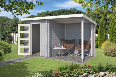 Outdoor Life Jelle Blokhut 390x195 cm 28 mm vuren Platinum Grey-Wit gecoat- Lessenaarsdak- - Outdoor Life Outdoor Life Jelle Blokhut 390x195 cm 28 mm vuren Platinum Grey-Wit gecoat- Lessenaarsdak- - Outdoor Life