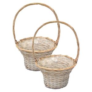 Mand met hengsel - 2x - bruin - D35 x H56 cm - rotan - gevlochten riet - hengselmand