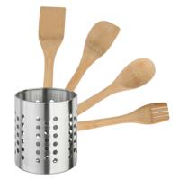 CM Keukengerei - houten spatels set 4-delig - RVS houder - Keuken pollepels/spatel