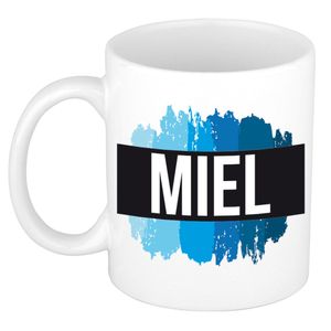 Naam cadeau mok / beker Miel met blauwe verfstrepen 300 ml   -