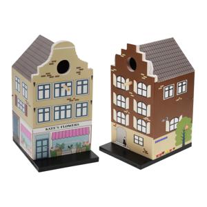 Vogelhuisjes - set 2x - grachtenpand design - hout - beige/bruin - 15 x 12 x 23 cm- nestkastje