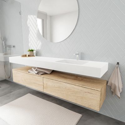 Mondiaz Alan badmeubel 200 cm washed oak 2 lades vrijhangend wastafel rechts 1 kraangat wit