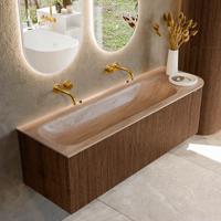 Badmeubel Mondiaz Kurve-Dlux | 145 cm | Meubelkleur Walnut | Wastafelkleur Saba | Solid surface | Wasbak linker zijde spoelbak | Zonder kraangat(en)