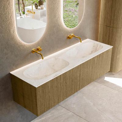 Badmeubel Mondiaz Kurve-Dlux | 150 cm cm | Meubelkleur Dusk | Wastafelkleur Frappe | Solid surface | Wasbak beiden zijden spoelbak | Zonder kraangat(en)
