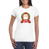 Kerst t-shirt met Kerstman wit Merry Christmas voor dames - thumbnail
