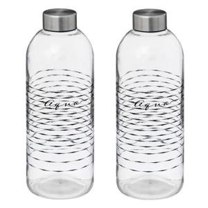 Glazen waterfles/drinkfles/sportfles - 2x - helder transparant - met RVS dop - 1000 ml