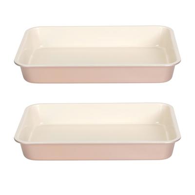 Rechthoekige ovenschaal/braadslede - 2x - metaal - 35 x 24 cm - wit/roze - Ovenschotel schalen