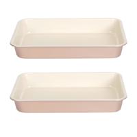 Rechthoekige ovenschaal/braadslede - 2x - metaal - 35 x 24 cm - wit/roze - Ovenschotel schalen Rechthoekige ovenschaal/braadslede - 2x - metaal - 35 x 24 cm - wit/roze - Ovenschotel schalen
