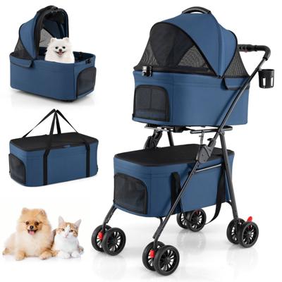 Opvouwbare Dubbele Dierenwagen met 2 Afneembare Transportboxen Autostoeltjes Reiswagen voor Kleine Honden en Katten 4 Vergrendelbare Terreinwielen Waterdichte Hoes-Blauw