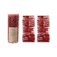 Kerstversiering set van 2x stuks folieslingers en 1x stuks kralenslingers rood glitter - Kerstslingers