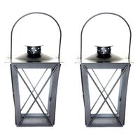Set van 2x stuks zilveren tuin lantaarn/windlicht van ijzer 12 x 12 x 20 cm - Lantaarns - thumbnail
