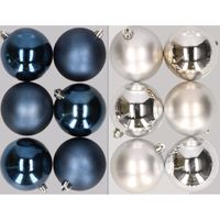 12x stuks kunststof kerstballen mix van donkerblauw en zilver 8 cm   -