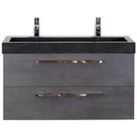 Seville Badmeubelset 100 cm - Beton Antraciet - Wastafel Hardsteen Wit Lucca 2 Kraangaten