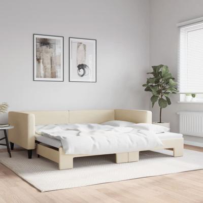 Slaapbank met onderschuifbed 100x200 cm stof crèmekleurig