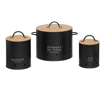 Uien/Aardappelen/Knoflook bewaar potten/blikken set - metaal/bamboe - zwart - 22 x 28 cm