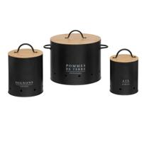 Uien/Aardappelen/Knoflook bewaar potten/blikken set - metaal/bamboe - zwart - 22 x 28 cm
