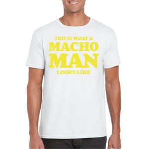 Foute party t-shirt voor heren - macho man - wit - glitter geel - carnaval/themafeest