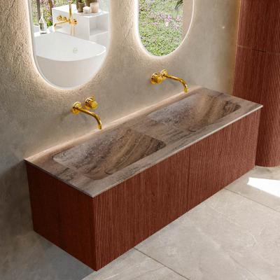 Badmeubel Mondiaz Kurve-Dlux | 130 cm | Meubelkleur Ruby | Wastafelkleur Oza | Solid surface | Wasbak beide zijden spoelbak | Zonder kraangat(en)