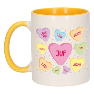 Cadeau koffiemok voor juf/lerares - hartjes snoepjes - geel - verjaardag kado - mok met tekst