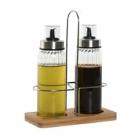 Items Azijn/Olie flessen tafelset - glas/metaal - transparant - met schenktuit   -