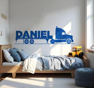 Lange vrachtwagen met naam muursticker kinderkamer