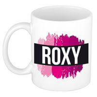 Roxy naam / voornaam kado beker / mok roze verfstrepen - Gepersonaliseerde mok met naam - Naam mokken - thumbnail