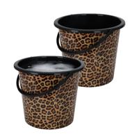 Huishoud/schoonmaak emmer met tuit - 2x - 10 liter - luipaard/panter print - multifuctioneel