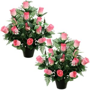 Kunstbloemen plantje rozen/gipskruid in pot - 2x - lichtroze - H35 cm - Bloemstuk - Bladgroen