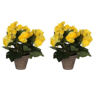 2x stuks gele Begonia kunstplant 25 cm in grijze pot