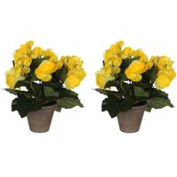 2x stuks gele Begonia kunstplant 25 cm in grijze pot