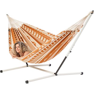 Familie hangmat met metalen standaard - 400x180cm - Oranje - 200kg draagkracht- 100% katoen - binnen & buiten