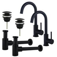 Fortifura Calvi Wastafelkraanset - voor dubbele wastafel - hoge wastafelkraan - draaibare uitloop - klikwaste plug - verlaagde design sifon - Mat zwart 2x SW809347/2x SW696199/2x SW696215 Fortifura Calvi Wastafelkraanset - voor dubbele wastafel - hoge wastafelkraan - draaibare uitloop - klikwaste plug - verlaagde design sifon - Mat zwart 2x SW809347/2x SW696199/2x SW696215
