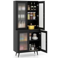 Keuken Kast Hoog 178,5 cm Keukenkast met 4 Transparante Deuren & Verstelbaar Rek Zwart