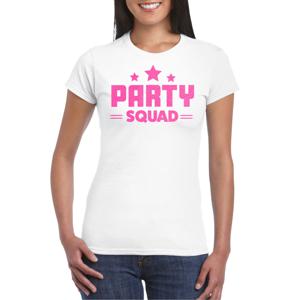 Verkleed T-shirt voor dames - party squad - wit - roze glitters - carnaval/themafeest