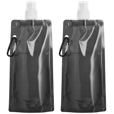 Opvouwbare Waterfles - 2x - zwart - kunststof - 460 ml - schroefdop - karabijnhaak - waterzak