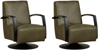 Set van 2 Olijfgroene leren industriële draaifauteuils Mood - staal zwart frame met schotelvoet - Granada leer Moss (olijfgroen leer)