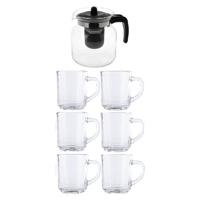 Glazen theepot met 6 theeglazen - infuser - 1,5 liter - 250 ml kopjes